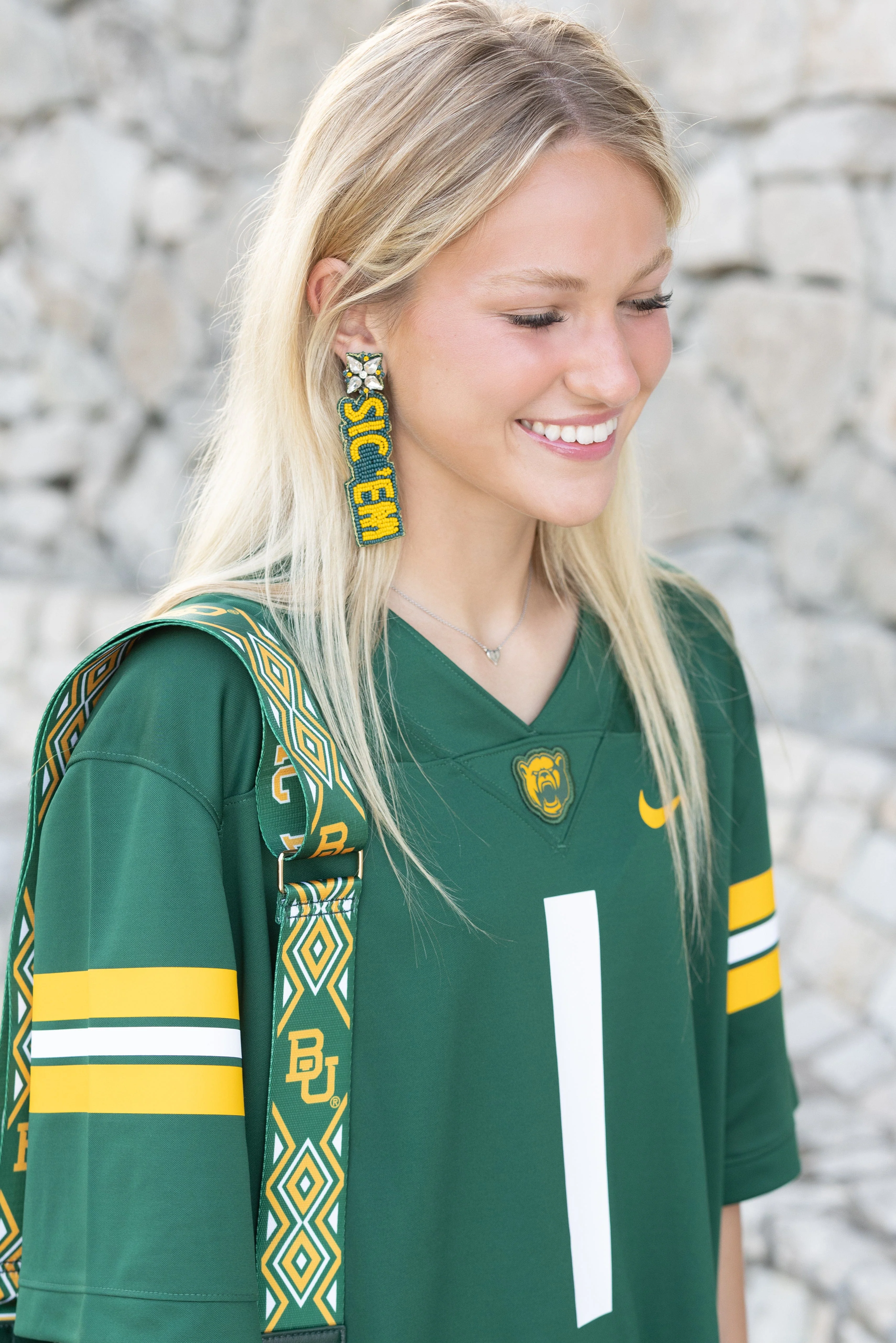 Baylor Sic 'em Bears Beaded Earrings in Green and Gold by Desden - Image 3