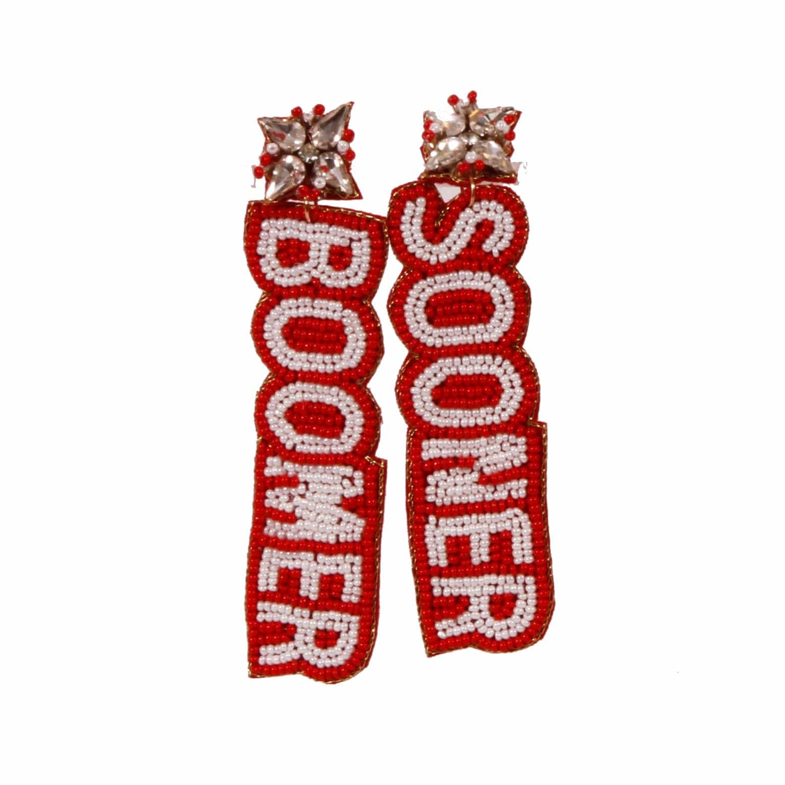 Boomer Sooner Hand Beaded Earrings in Crimson and White by Desden
