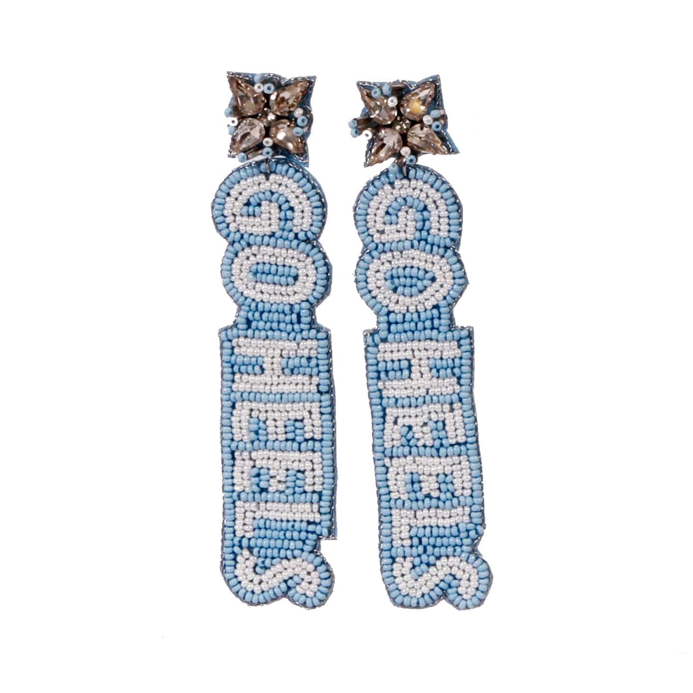 North Carolina UNC Tarheels Beaded Earrings in Sky Blue and White by Desden