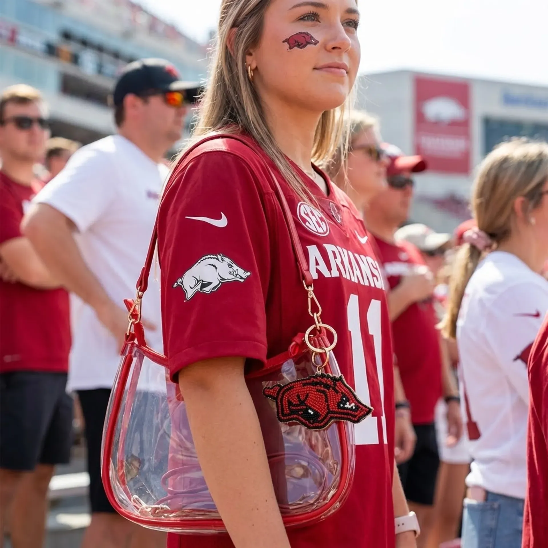 Sara Clear Purse with Beaded Charm – Arkansas Razorbacks - Image 2